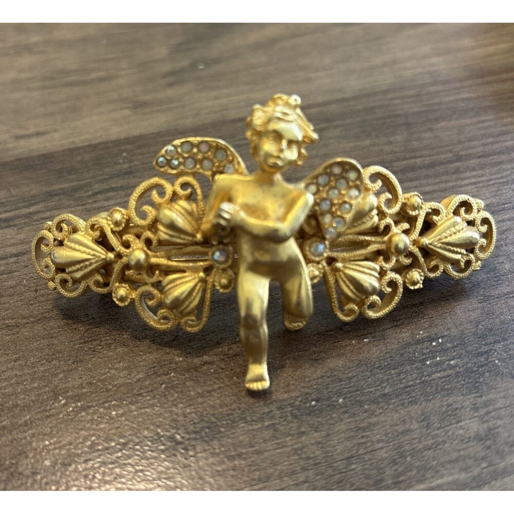 Kirks Folly 3.5" Angel Cherub Hair Barrette Clip Filigree Gold Tone Rhinestones